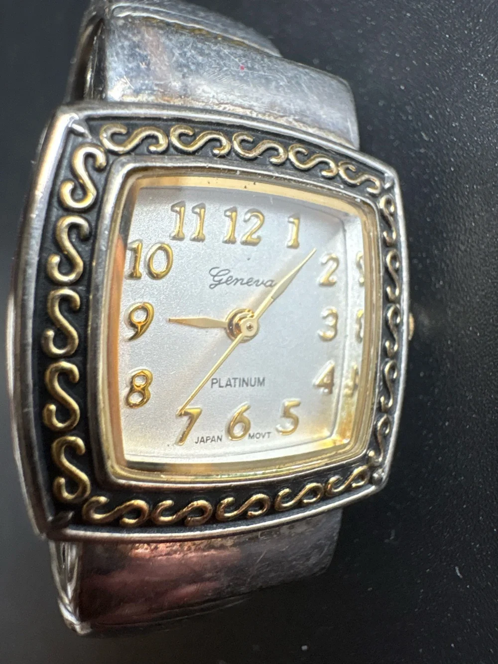 Geneva Silver-Tone Cuff Watch with Gold Accents